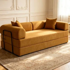 Canapé 3 places convertible et modulable Bergerac Tissu doux texturé Ocre doré