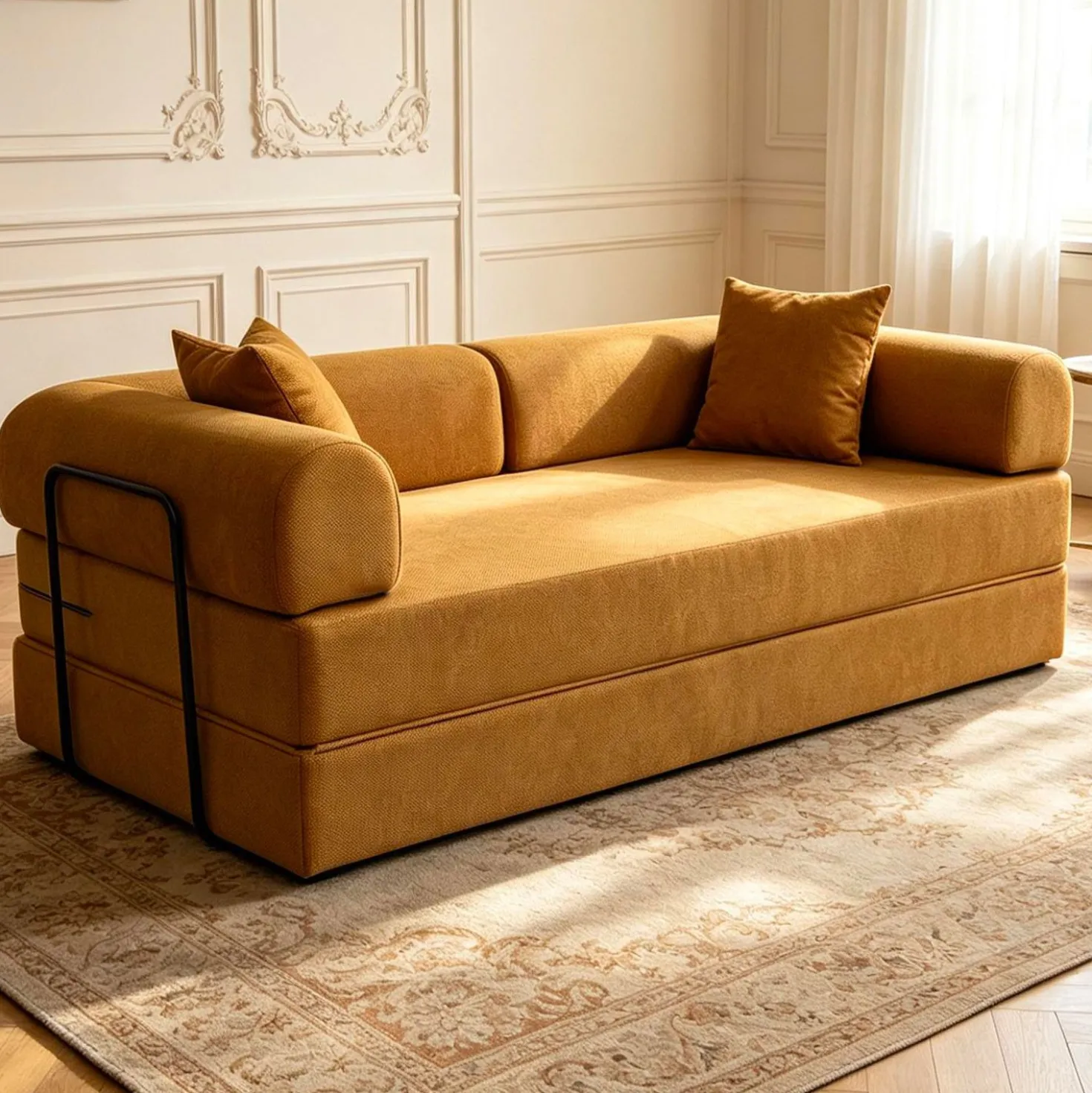 Canapé 3 places convertible et modulable Bergerac Tissu doux texturé Ocre doré