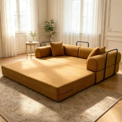 Canapé 3 places convertible et modulable Bergerac Tissu doux texturé Ocre doré