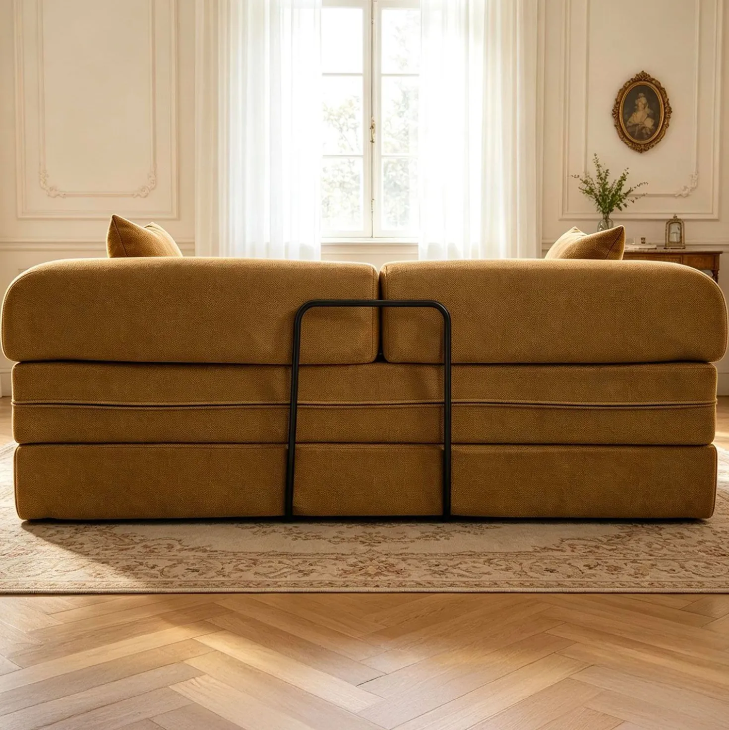 Canapé 3 places convertible et modulable Bergerac Tissu doux texturé Ocre doré