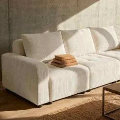 Canapé 3 places convertible et modulable Castelo Velours côtelé Crème