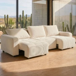 Canapé 3 places convertible et modulable Castelo Velours côtelé Crème