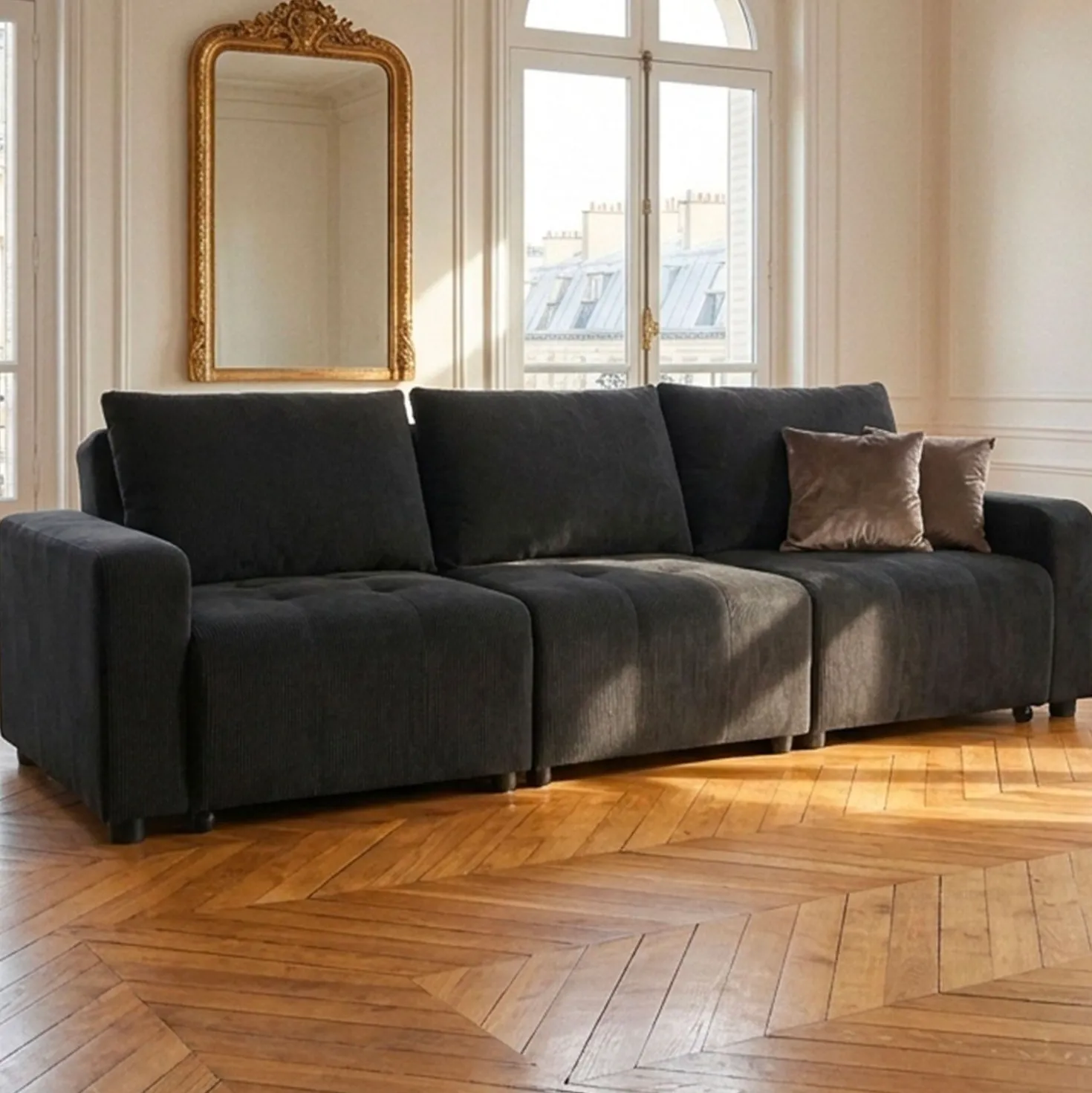 Canapé 3 places convertible et modulable Castelo Velours côtelé Noir