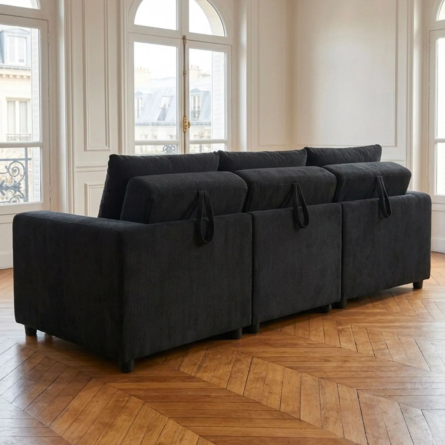 Canapé 3 places convertible et modulable Castelo Velours côtelé Noir
