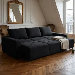 Canapé 3 places convertible et modulable Castelo Velours côtelé Noir