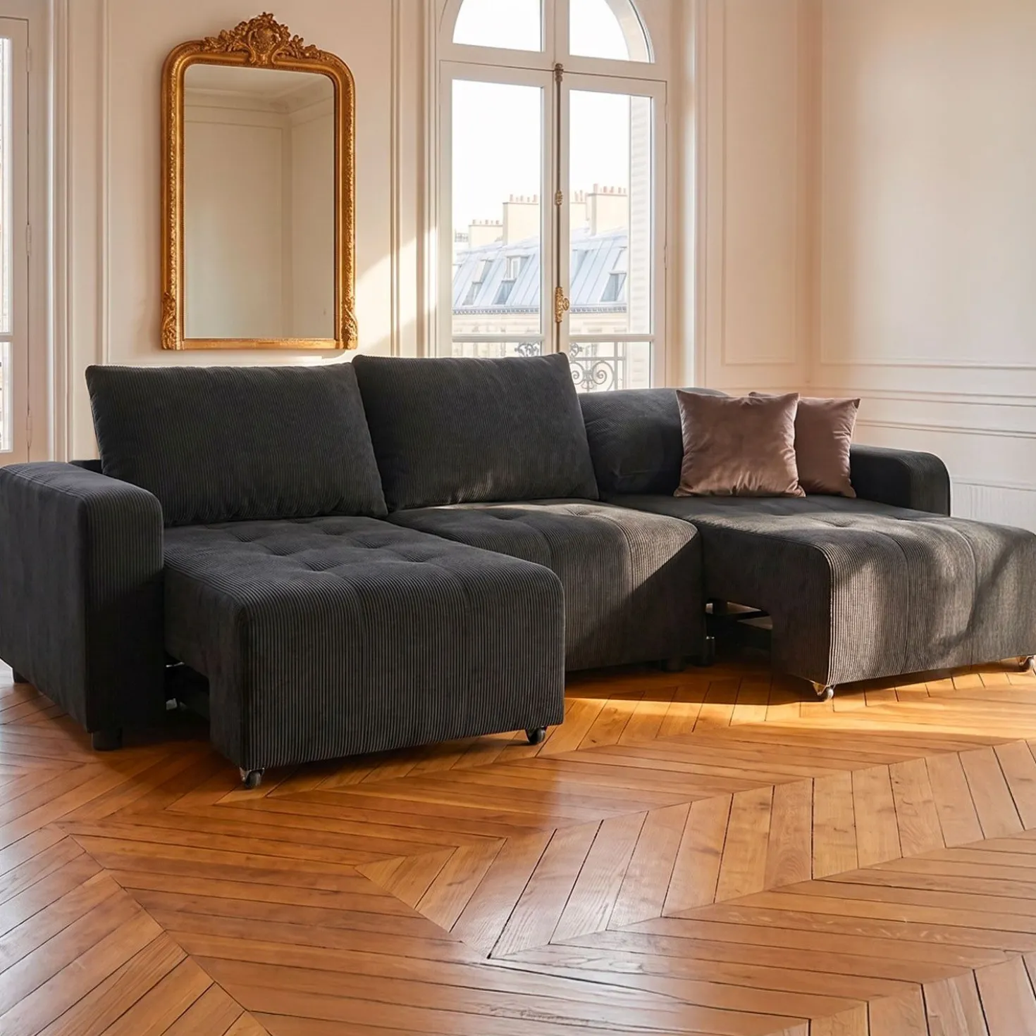 Canapé 3 places convertible et modulable Castelo Velours côtelé Noir