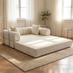 Canapé 2 places convertible et modulable Bergerac Tissu bouclette Crème