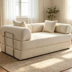 Canapé 2 places convertible et modulable Bergerac Tissu bouclette Crème