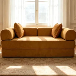 Canapé 2 places convertible et modulable Bergerac Tissu doux texturé Ocre doré
