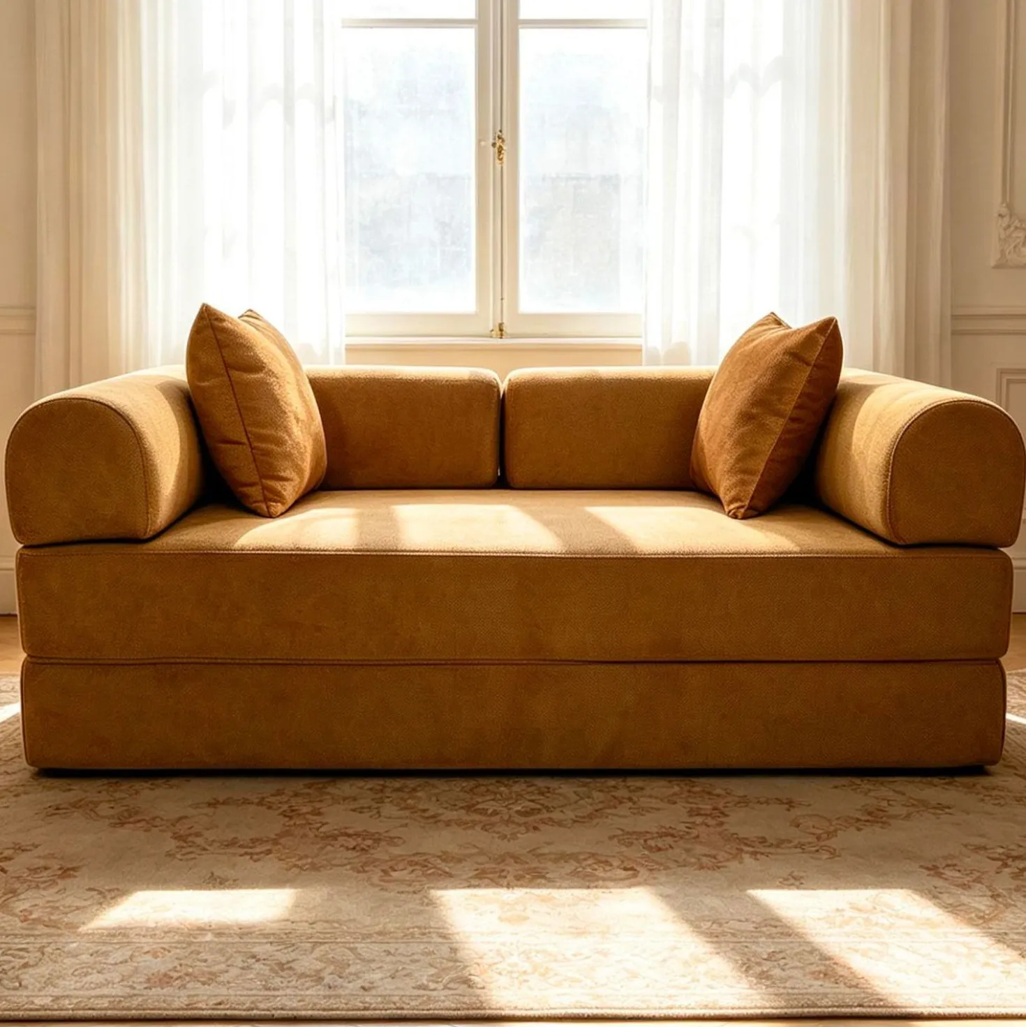 Canapé 2 places convertible et modulable Bergerac Tissu doux texturé Ocre doré