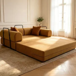 Canapé 2 places convertible et modulable Bergerac Tissu doux texturé Ocre doré