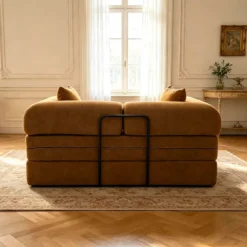 Canapé 2 places convertible et modulable Bergerac Tissu doux texturé Ocre doré