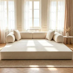 Canapé 3 places convertible et modulable Bergerac Tissu bouclette Crème