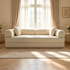 Canapé 3 places convertible et modulable Bergerac Tissu bouclette Crème