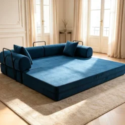 Canapé 3 places convertible et modulable Bergerac Tissu doux texturé Bleu