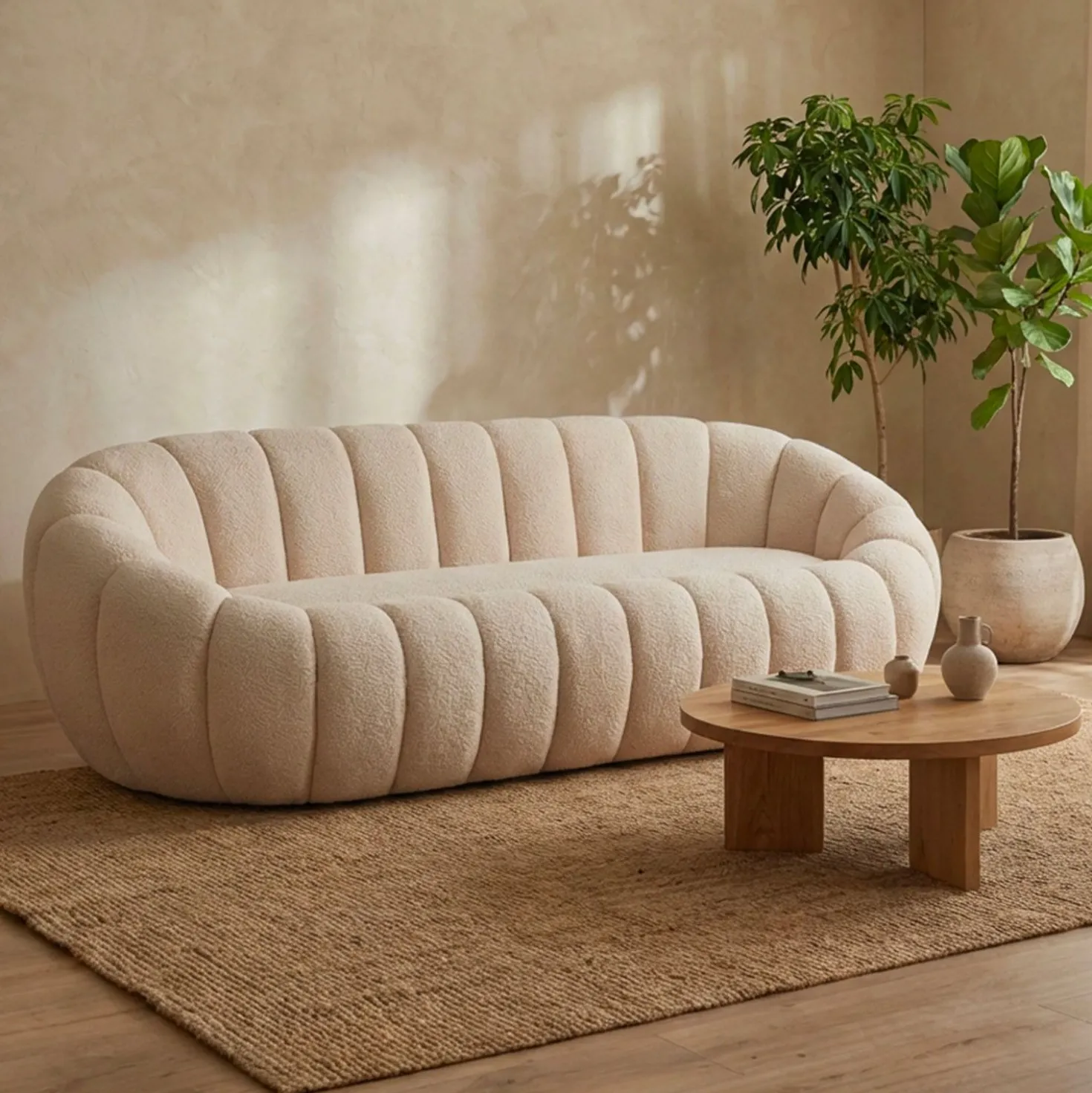 Canapé 3 Places design coquillage Horizan Tissu bouclette Crème