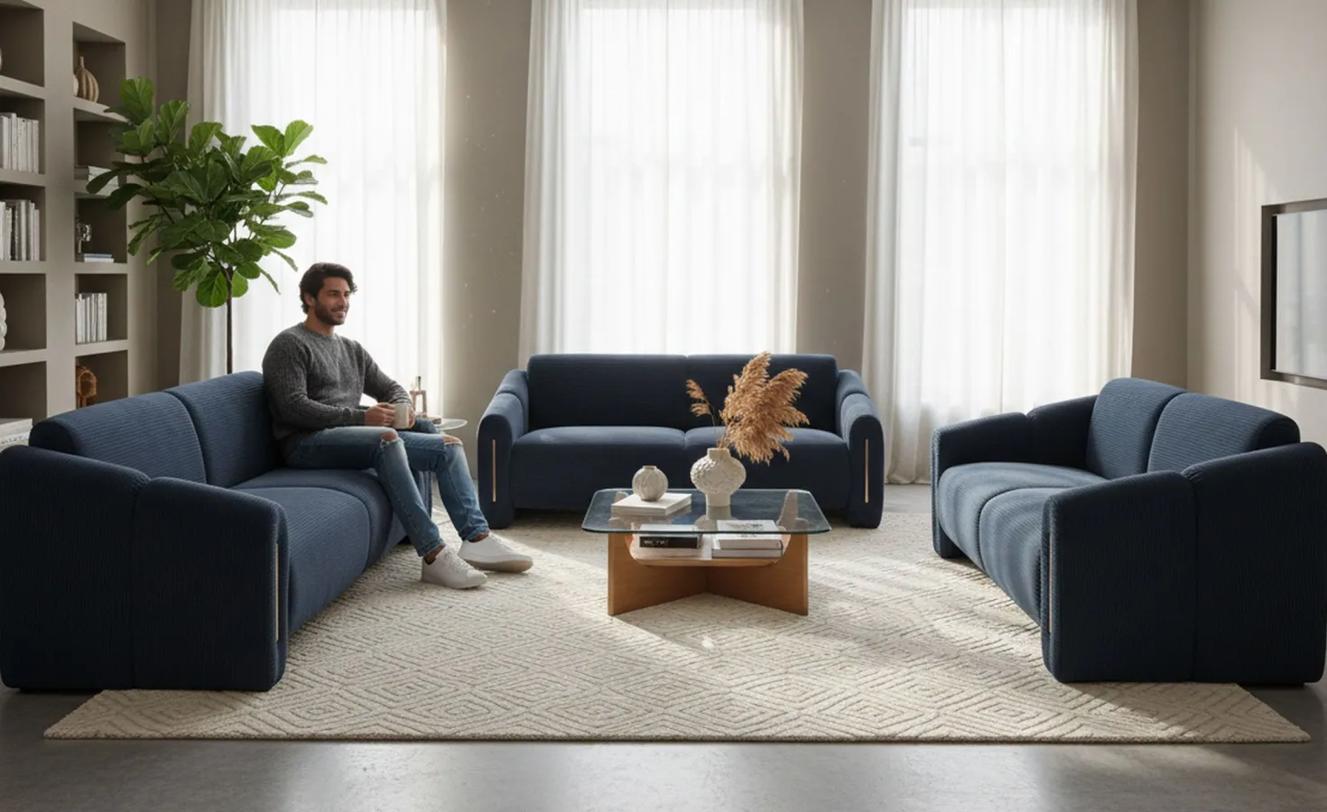 Canapé 3 places design Maximilien Métal doré et Velours côtelé Bleu foncé