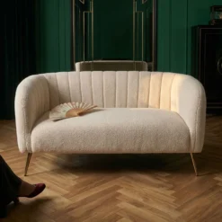 Canapé 2 places moderne Bombaro pieds métal doré et Tissu bouclette Beige