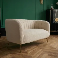 Canapé 2 places moderne Bombaro pieds métal doré et Tissu bouclette Beige