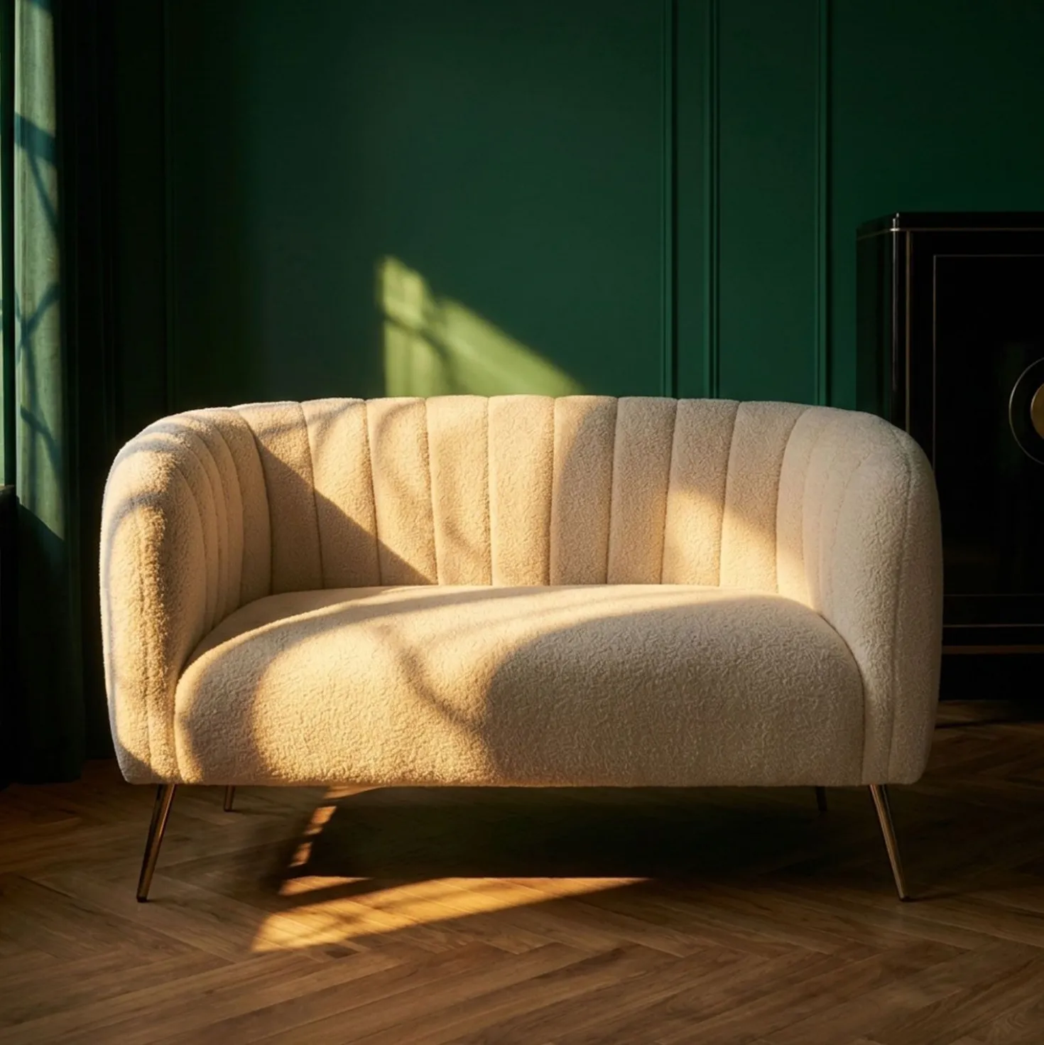 Canapé 2 places moderne Bombaro pieds métal doré et Tissu bouclette Beige