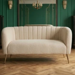 Canapé 2 places moderne Bombaro pieds métal doré et Tissu bouclette Beige