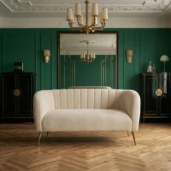 Canapé 2 places moderne Bombaro pieds métal doré et Tissu bouclette Beige