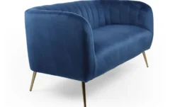 Canapé 2 places moderne Bombaro pieds métal doré et Velours Bleu