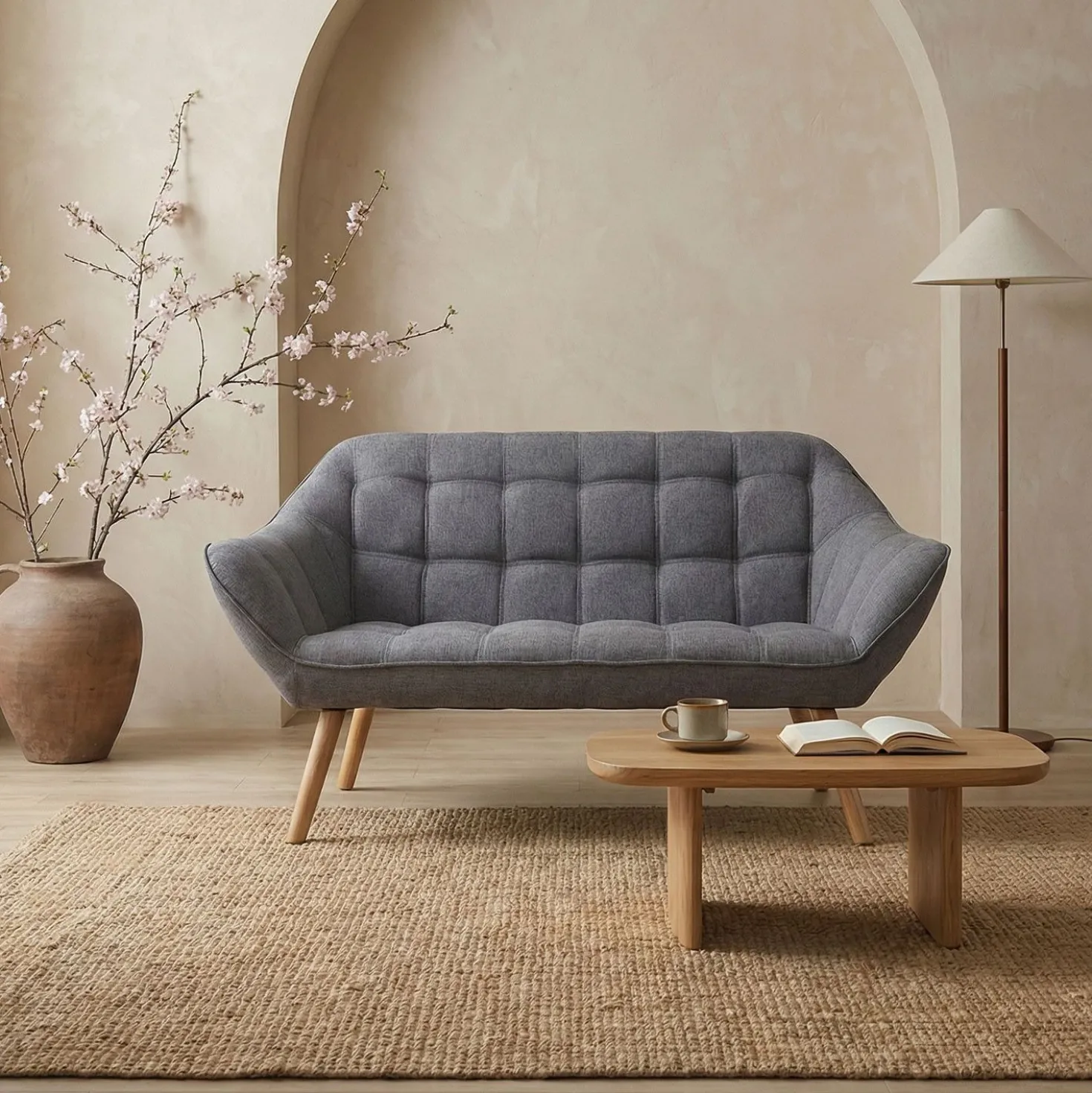 Canapé 2 places Scandinave Zentao Tissu Gris Clair