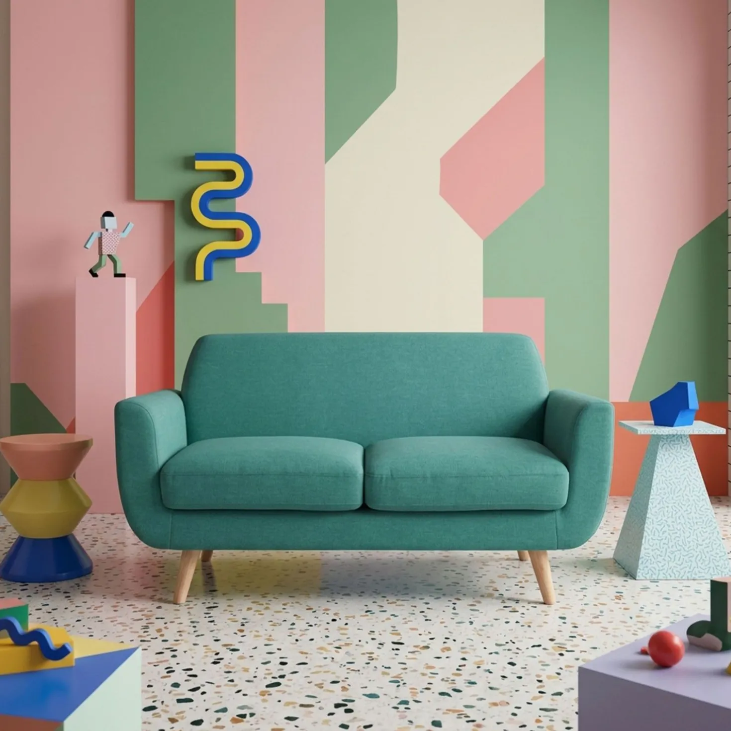 Canapé scandinave 2 places Danube Tissu Bleu-Vert