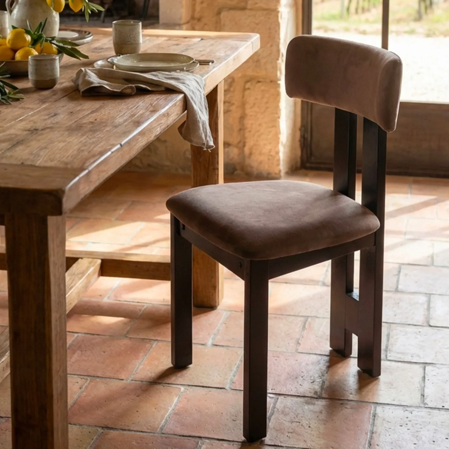 Chaise de salle à manger design Ceriz Bois foncé et Velours Marron