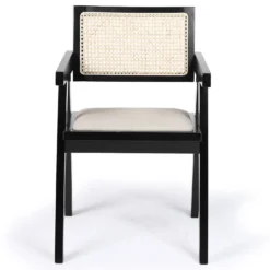 Chaise design avec accoudoirs et cannage rotin Hiro Bois foncé et Tissu Beige