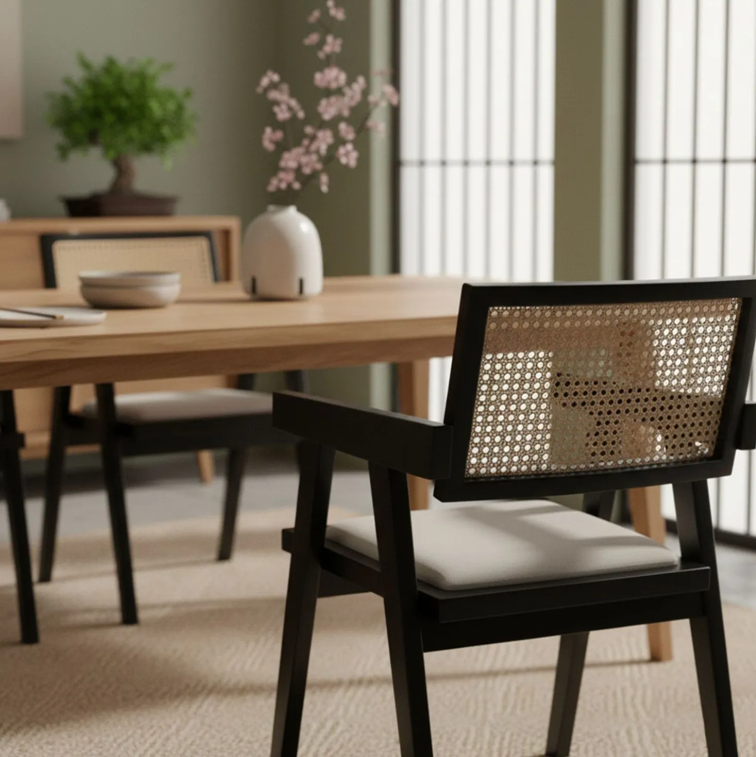 Chaise design avec accoudoirs et cannage rotin Hiro Bois foncé et Tissu Beige
