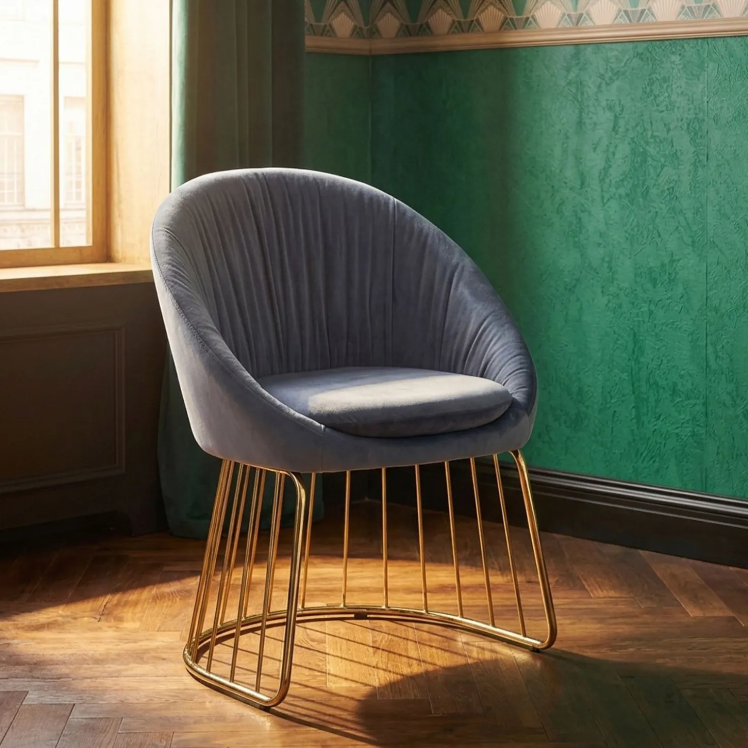 Chaise design avec dossier arrondi effet drapé Pralion Pied Or et Velours Gris