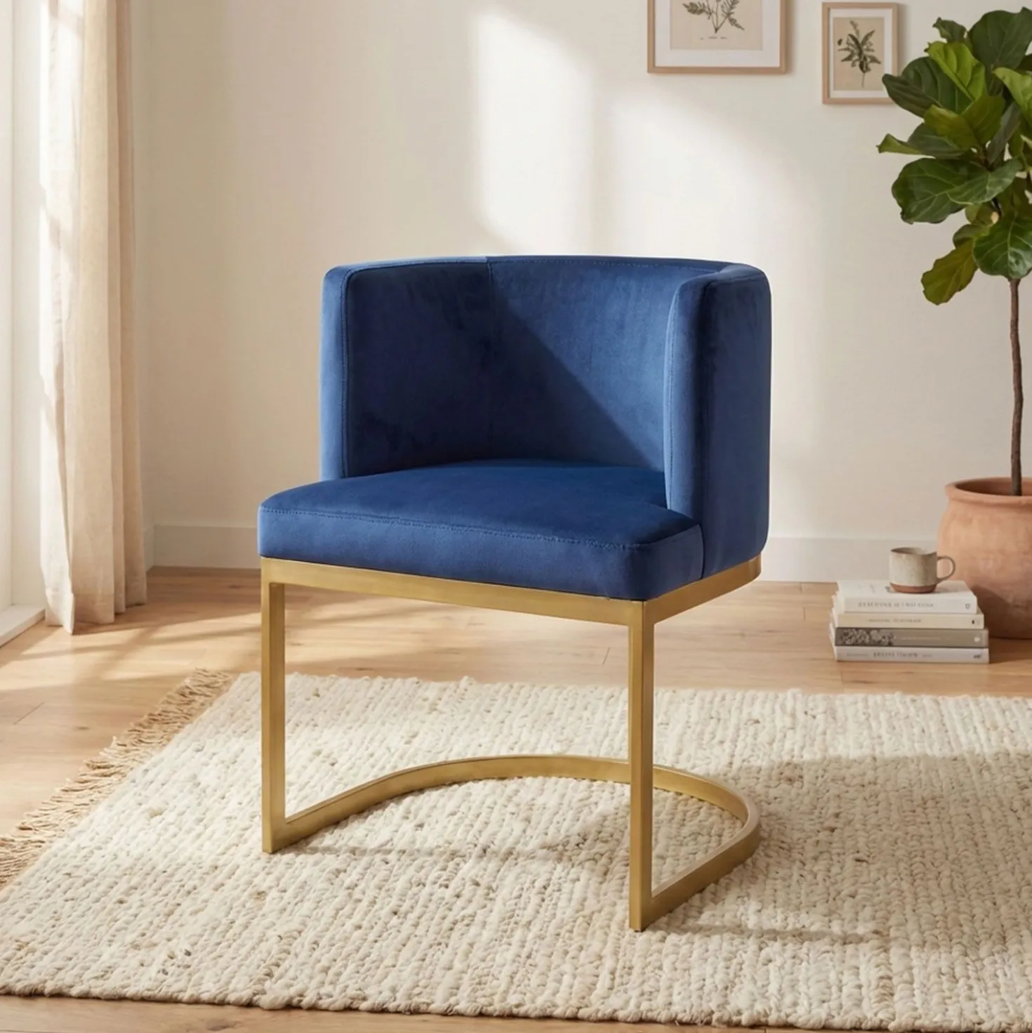 Chaise / Fauteuil Noellie Velours Bleu pieds Or