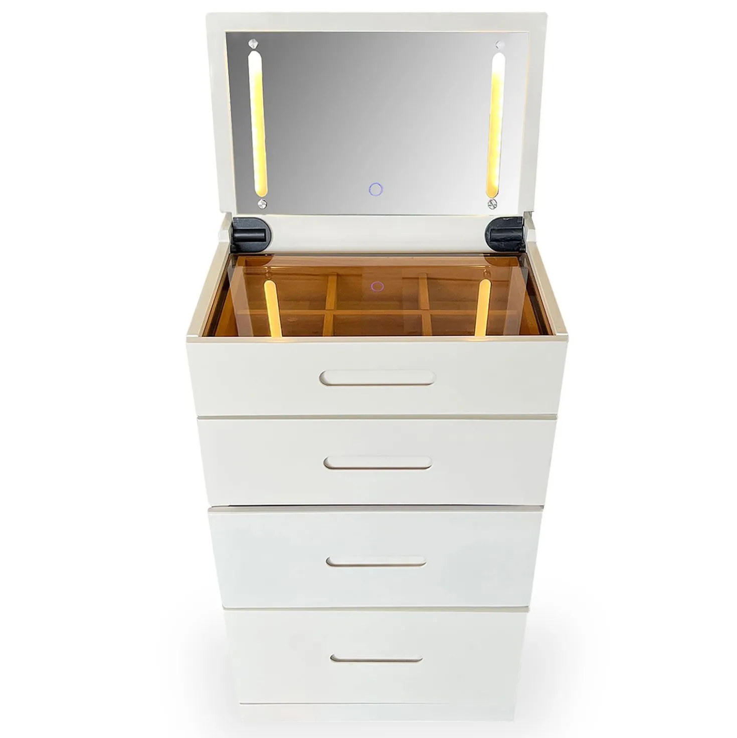 Coiffeuse compacte 48cm avec miroir LED, tiroir et pouf intégré Germina Blanc