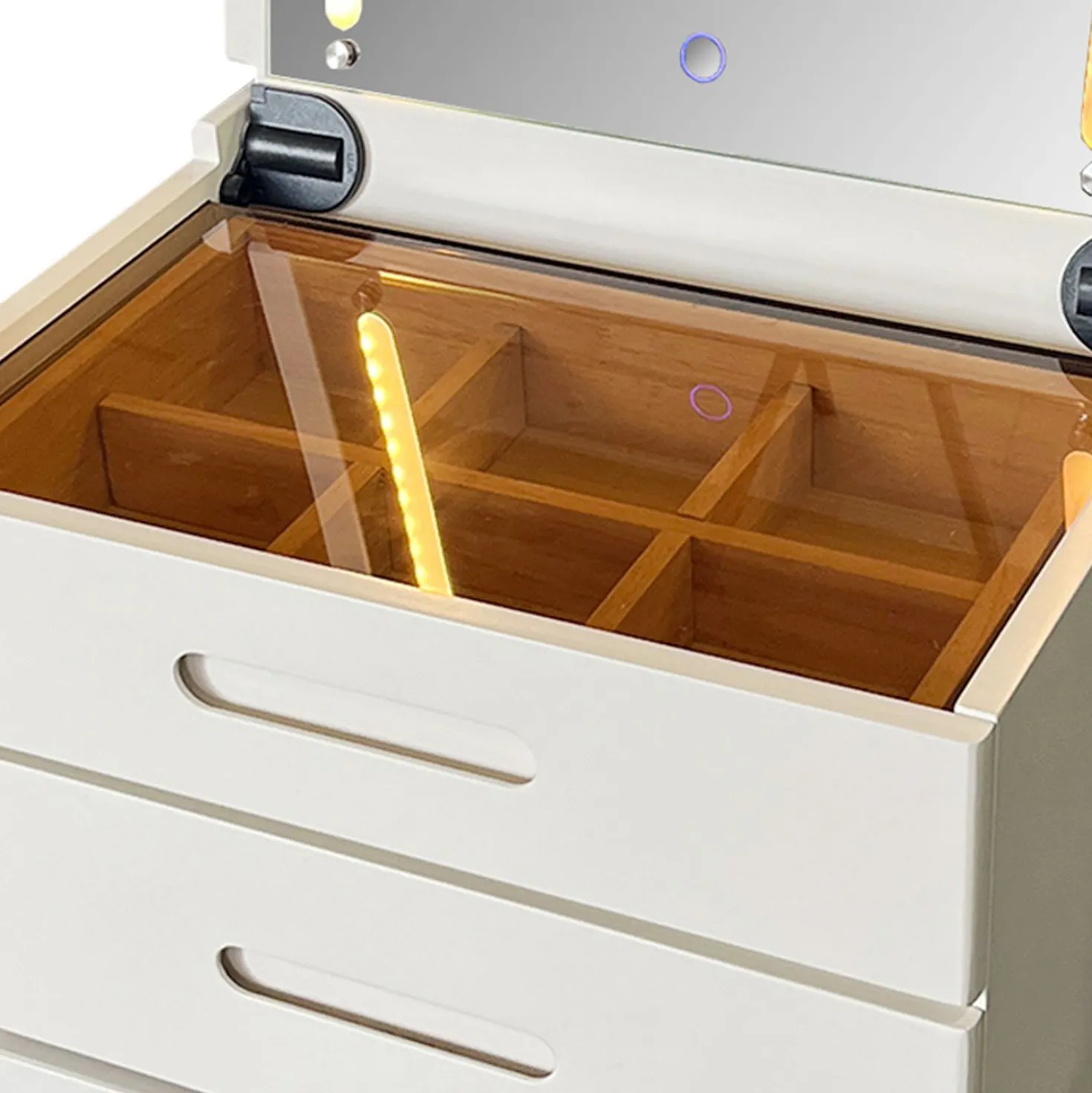 Coiffeuse compacte 48cm avec miroir LED, tiroir et pouf intégré Germina Blanc