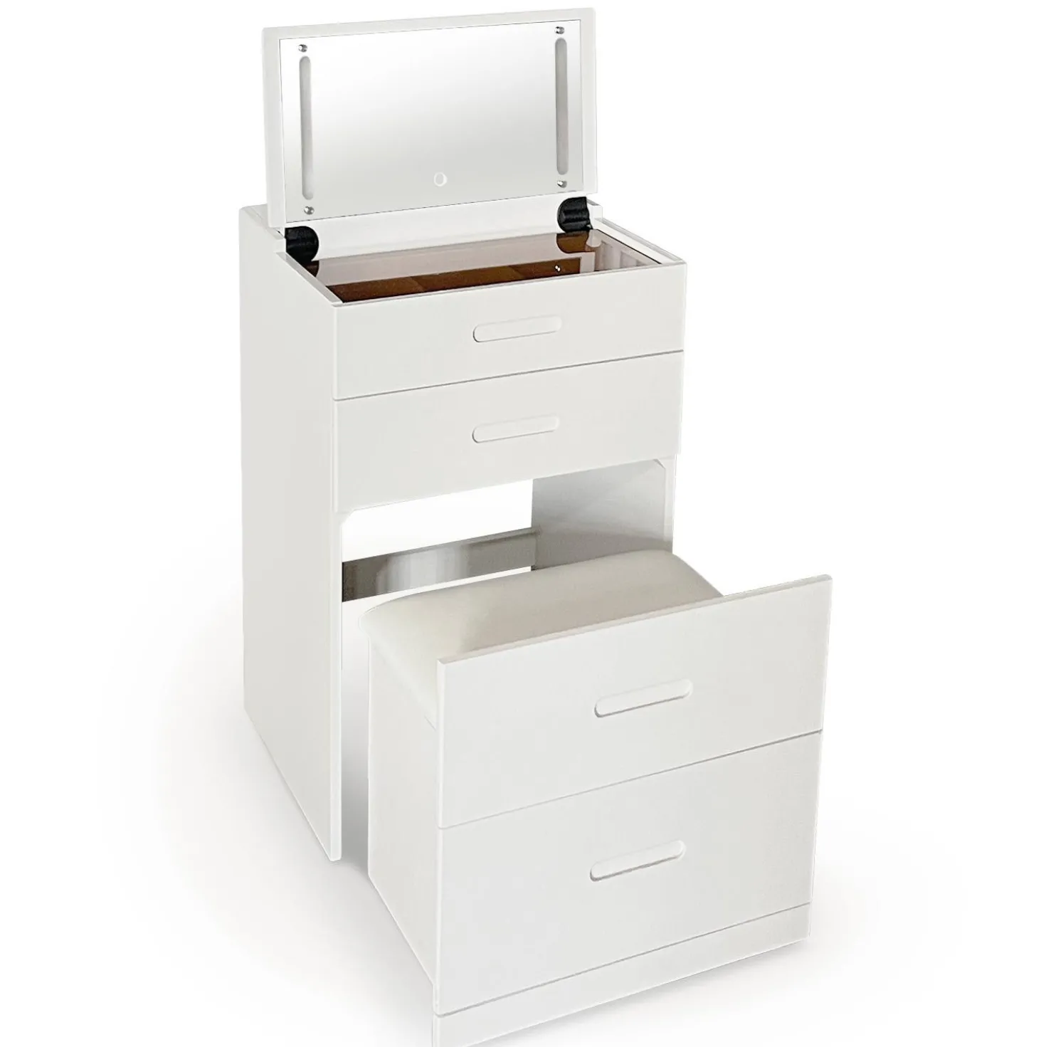 Coiffeuse compacte 48cm avec miroir LED, tiroir et pouf intégré Germina Blanc