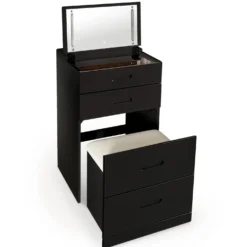 Coiffeuse compacte 48cm avec miroir LED, tiroir et pouf intégré Germina Noir