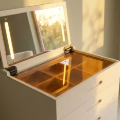 Coiffeuse compacte 60cm avec miroir LED, tiroir et pouf intégré Germina XL Blanc