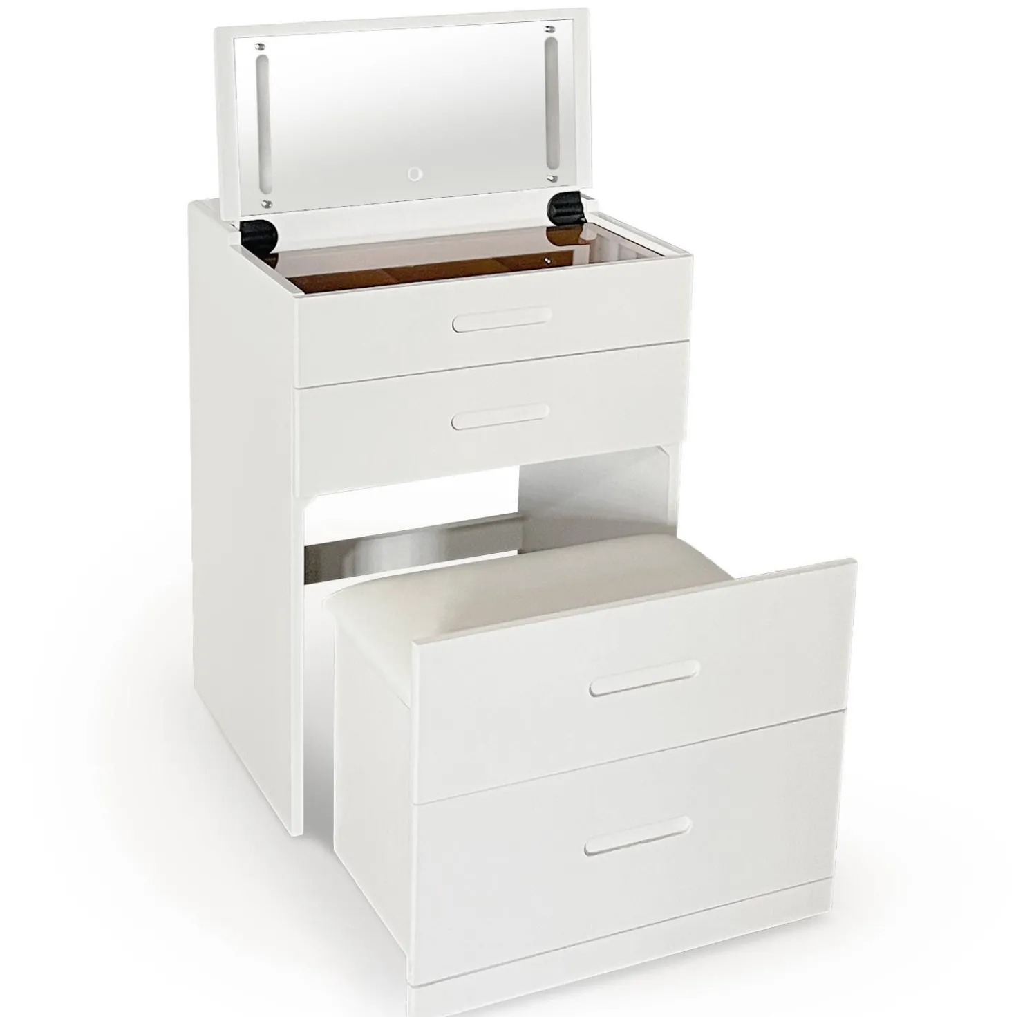 Coiffeuse compacte 60cm avec miroir LED, tiroir et pouf intégré Germina XL Blanc