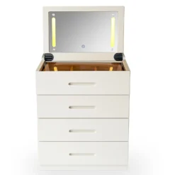 Coiffeuse compacte 60cm avec miroir LED, tiroir et pouf intégré Germina XL Blanc