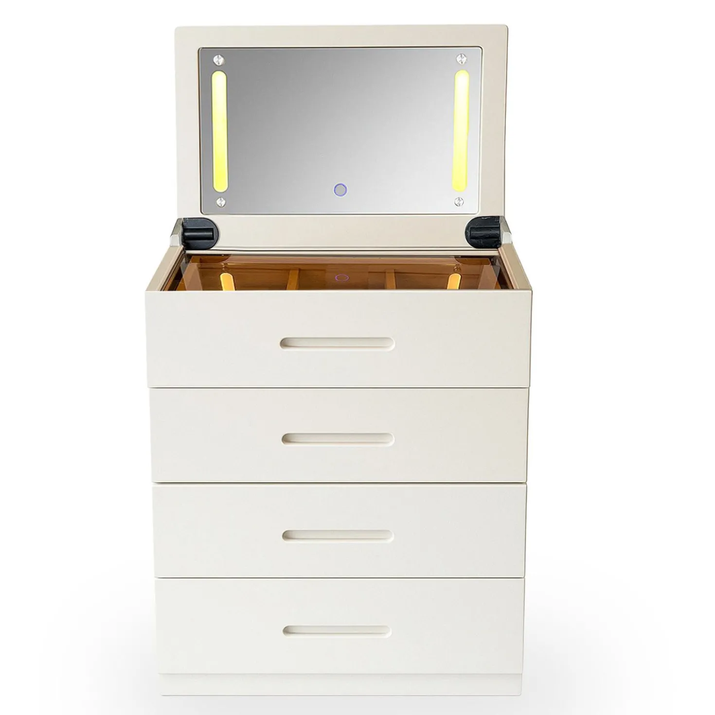 Coiffeuse compacte 60cm avec miroir LED, tiroir et pouf intégré Germina XL Blanc