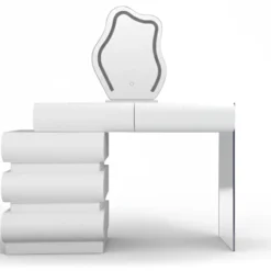 Coiffeuse extensible 101-140cm avec 5 tiroirs arrondis et miroir design Mezade Blanc