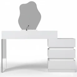Coiffeuse extensible 101-140cm avec 5 tiroirs arrondis et miroir design Mezade Blanc
