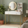 Coiffeuse moderne avec miroir rond lumineux Oracle L90cm Blanc et Or