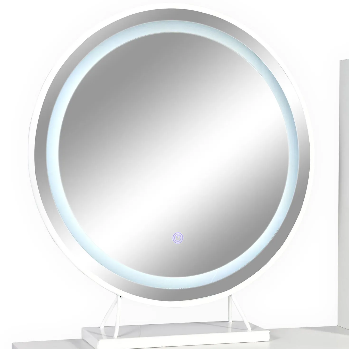 Coiffeuse moderne avec miroir rond lumineux Oracle L90cm Blanc et Or