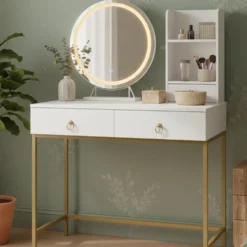 Coiffeuse moderne avec miroir rond lumineux Oracle L90cm Blanc et Or