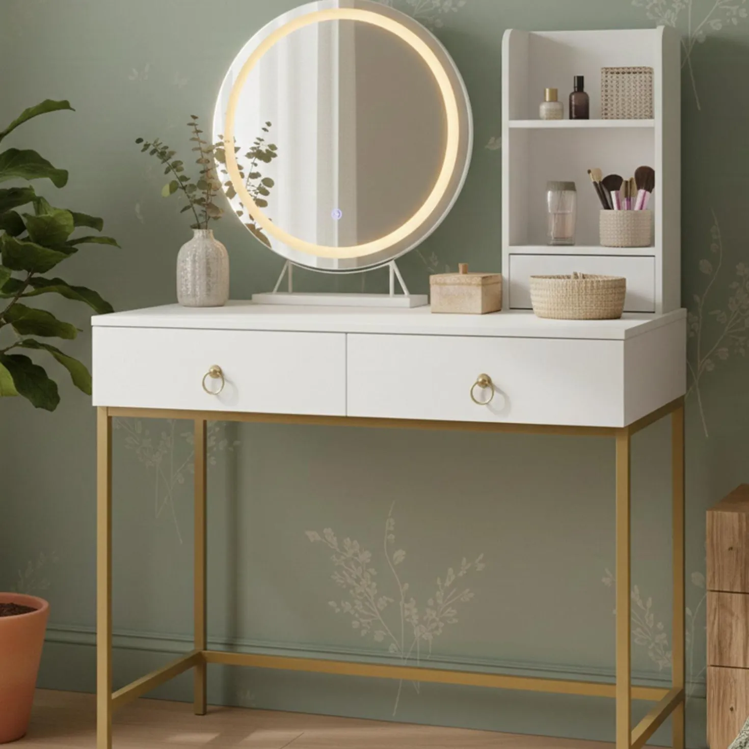 Coiffeuse moderne avec miroir rond lumineux Oracle L90cm Blanc et Or