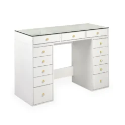 Coiffeuse moderne avec 13 tiroirs et plateau en verre transparent L120cm Probeauty Blanc