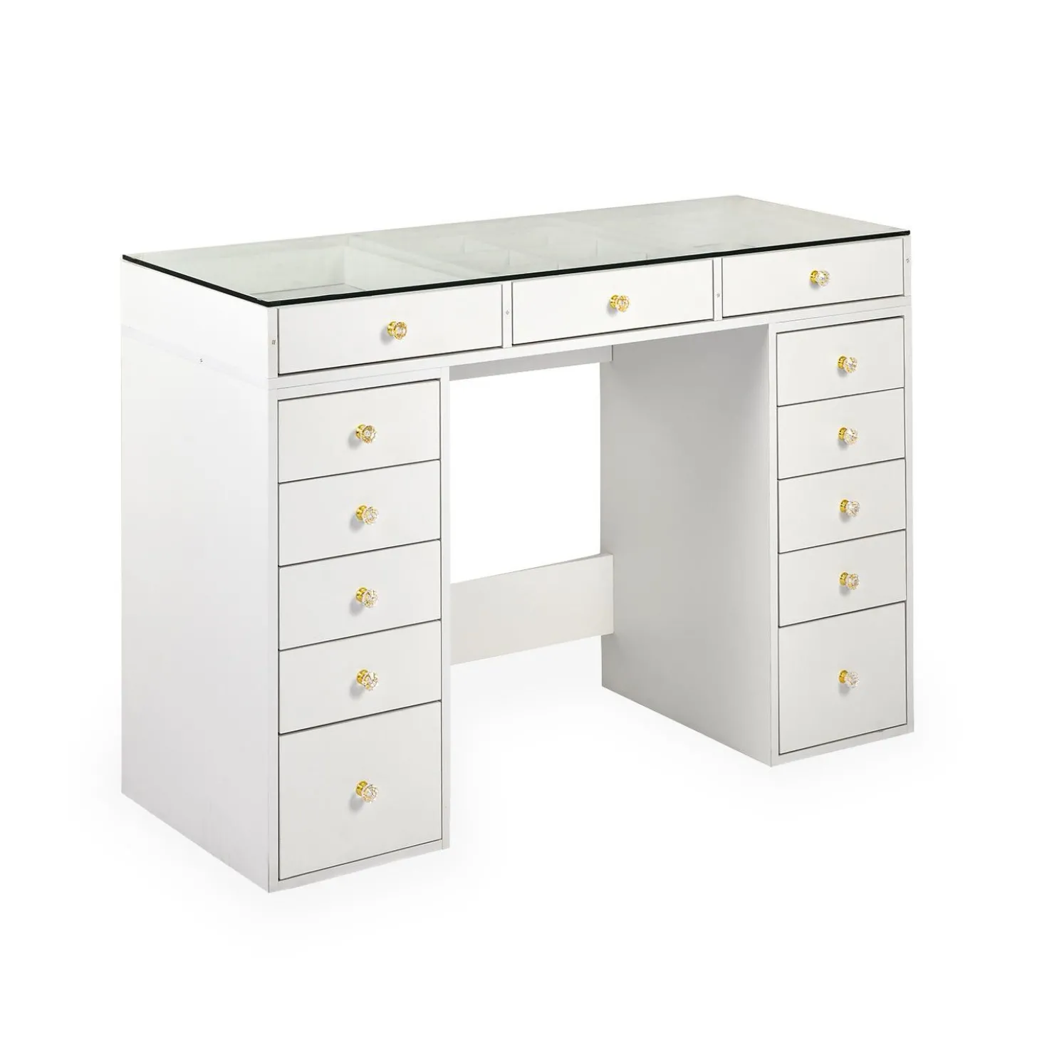 Coiffeuse moderne avec 13 tiroirs et plateau en verre transparent L120cm Probeauty Blanc